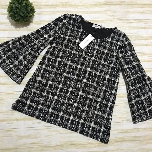 Calvin Klein Tops - Calvin Klein NWT Black White Plaid Blouse Top Fluted Bell Sleeves Size Small